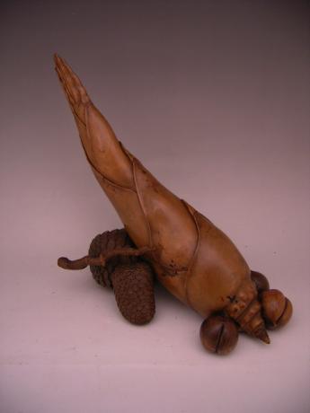 JAPANESE EARLY - MID 29TH CENTURY WOODEN OKIMONO OF BAMBOO SHOOT, PINE CONES AND CHESTNUTS<br><font color=red><b>SOLD</b></font>