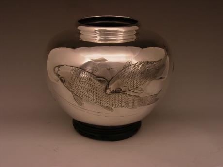 JAPANESE MEIJI PERIOD SILVER VASE WITH KOI DESIGN BY YOSHIMASA<br><font color=red><b>SOLD</b></font>