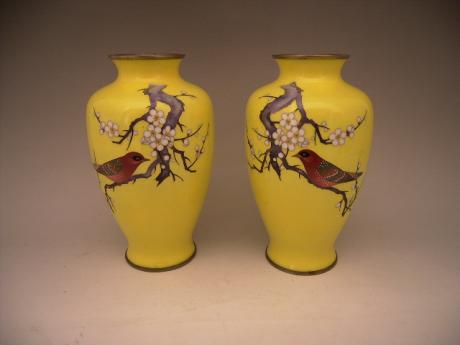 JAPANESE MID 20TH CENTURY PAIR OF ANDO CLOISONNE NIGHTINGALE AND PLUM BLOSSOM DESIGN VASES<br><font color=red><b>SOLD</b></font>