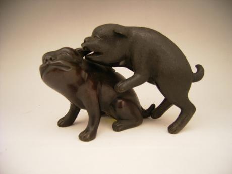 JAPANESE MEIJI PERIOD BRONZE PAIR OF PLAYING PUPPIES<br><font color=red><b>SOLD</b></font>