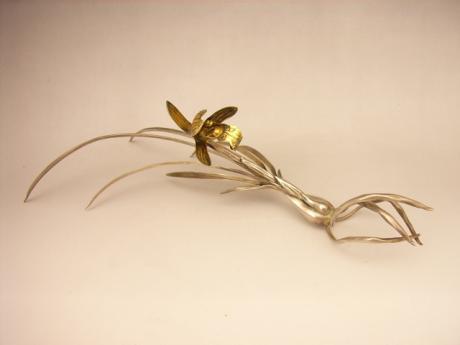 JAPANESE EARLY 20TH CENTURY SILVER CYMBIDIUM ORCHID OKIMONO<br><font color=red><b>SOLD</b></font>