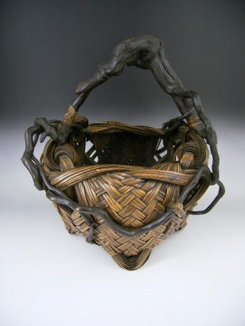 JAPANESE EARLY 20TH CENTURY BAMBOO FLOWER BASKET WITH NATURAL WISTERIA HANDLE AND DECORATION<br><font color=red><b>SOLD</b></font>