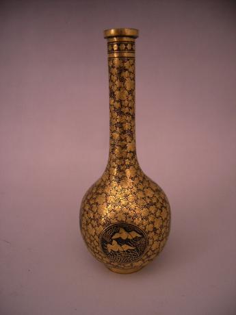 JAPANESE MEIJI PERIOD IRON VASE WITH GOLD INLAID DESIGN BY KOMAI<br><font color=red><b>SOLD</b></font>